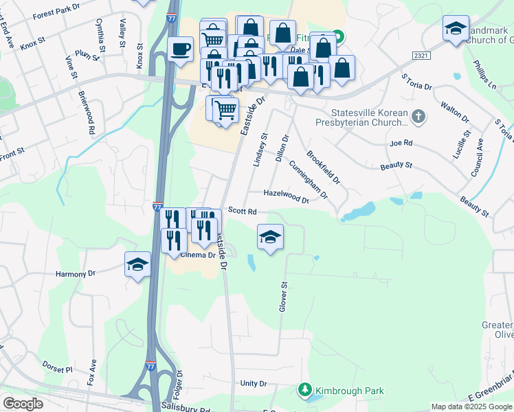 map of restaurants, bars, coffee shops, grocery stores, and more near 1727 Scott Road in Statesville