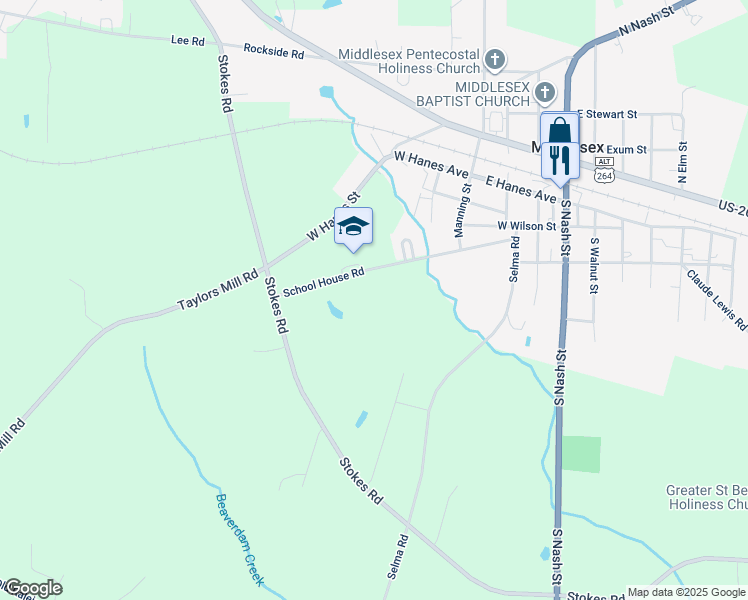 map of restaurants, bars, coffee shops, grocery stores, and more near 12999 School House Road in Middlesex