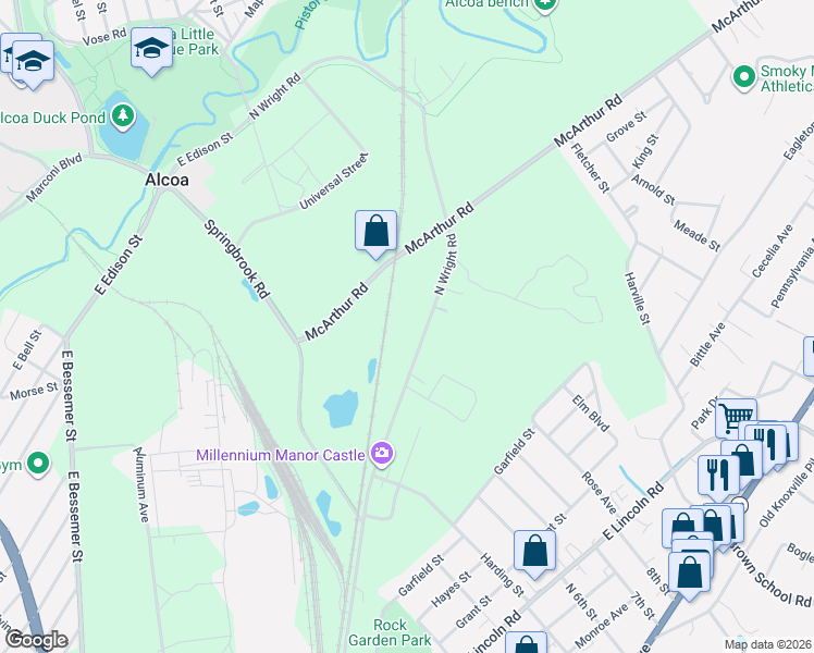 map of restaurants, bars, coffee shops, grocery stores, and more near 707 North Wright Road in Alcoa