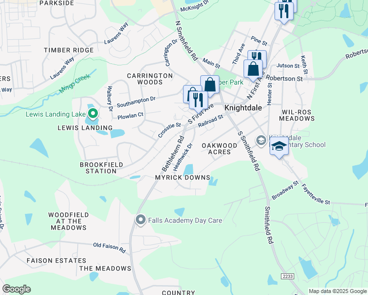 map of restaurants, bars, coffee shops, grocery stores, and more near 112 Heathwick Drive in Knightdale