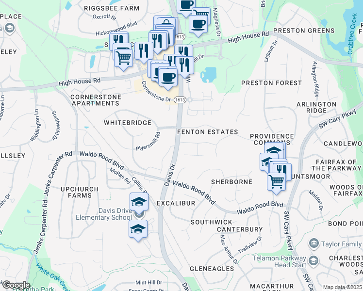 map of restaurants, bars, coffee shops, grocery stores, and more near 100 Yorkhill Drive in Cary