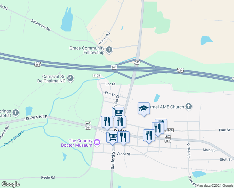 map of restaurants, bars, coffee shops, grocery stores, and more near 6600 Elm Street in Bailey