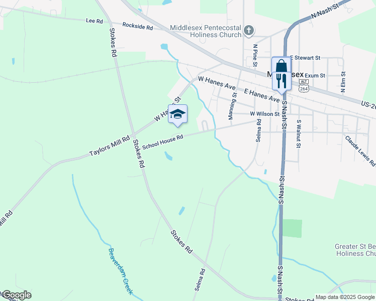 map of restaurants, bars, coffee shops, grocery stores, and more near 12999 School House Road in Middlesex