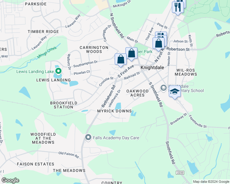 map of restaurants, bars, coffee shops, grocery stores, and more near 112 Heathwick Drive in Knightdale