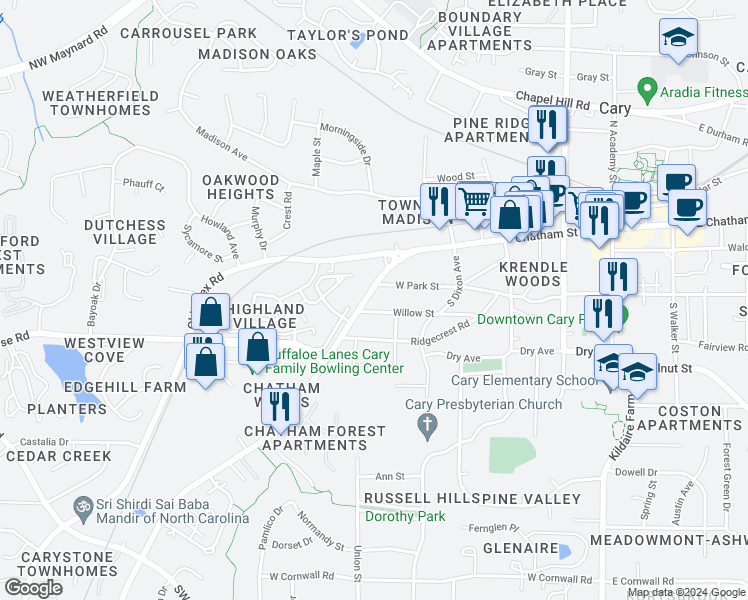 map of restaurants, bars, coffee shops, grocery stores, and more near 613 West Chatham Street in Cary