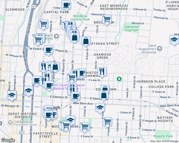 map of restaurants, bars, coffee shops, grocery stores, and more near 511 Oakwood Avenue in Raleigh