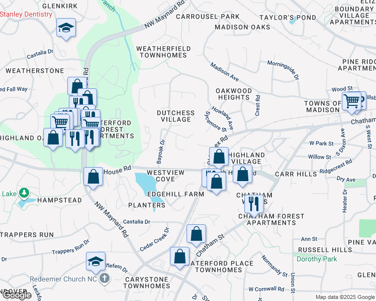 map of restaurants, bars, coffee shops, grocery stores, and more near 113 Canterfield Road in Cary