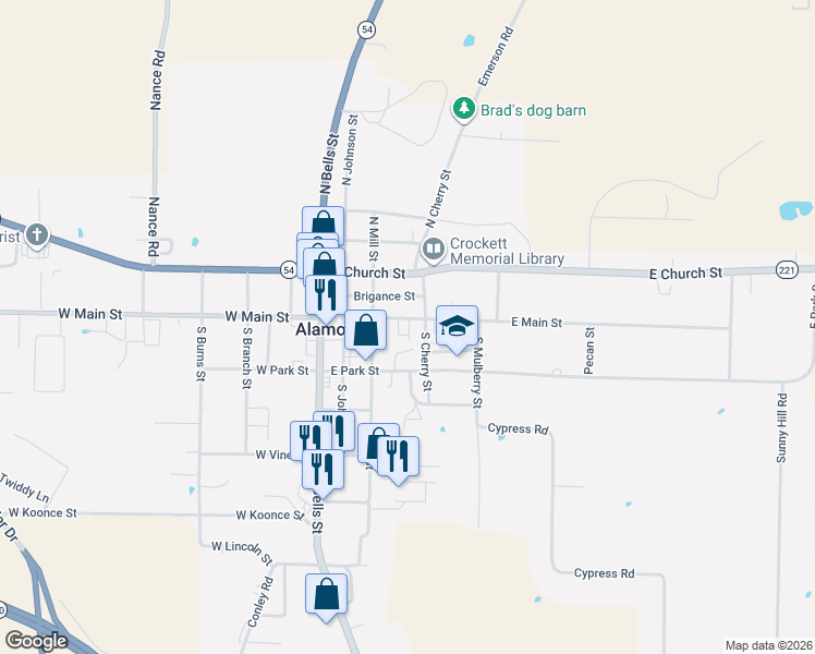 map of restaurants, bars, coffee shops, grocery stores, and more near 175 East Main Street in Alamo