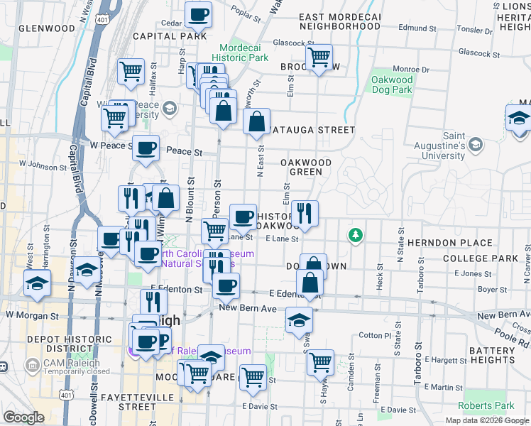 map of restaurants, bars, coffee shops, grocery stores, and more near 507 Oakwood Avenue in Raleigh