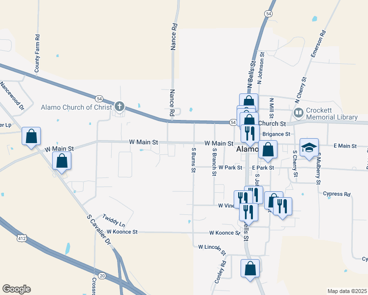 map of restaurants, bars, coffee shops, grocery stores, and more near 270 West Main Street in Alamo