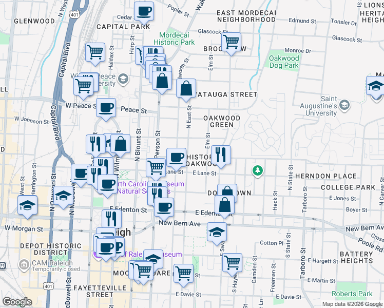 map of restaurants, bars, coffee shops, grocery stores, and more near 507 Oakwood Avenue in Raleigh