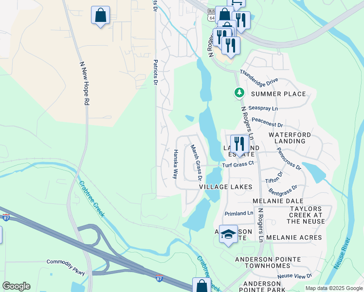 map of restaurants, bars, coffee shops, grocery stores, and more near 740 Hanska Way in Raleigh