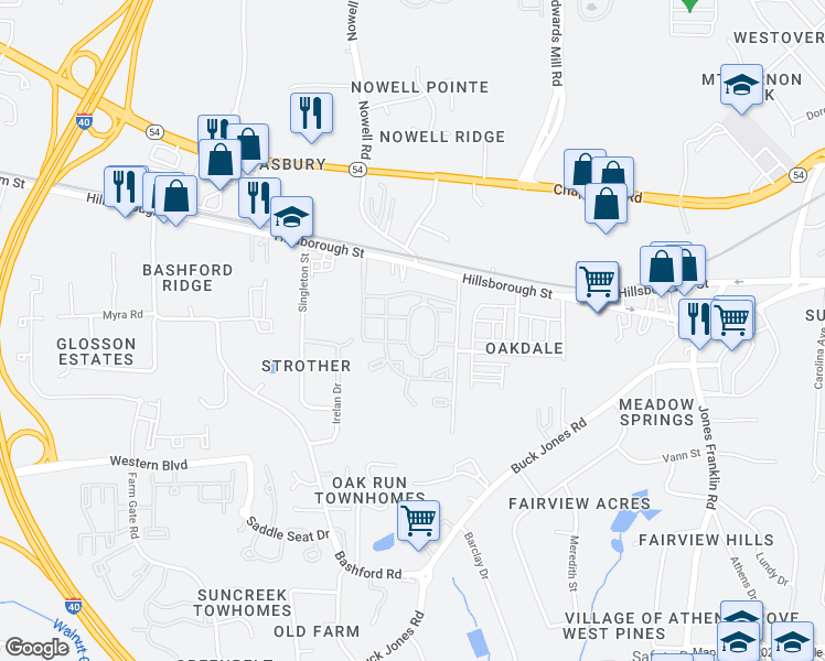 map of restaurants, bars, coffee shops, grocery stores, and more near 333 Wolf Creek Circle in Raleigh