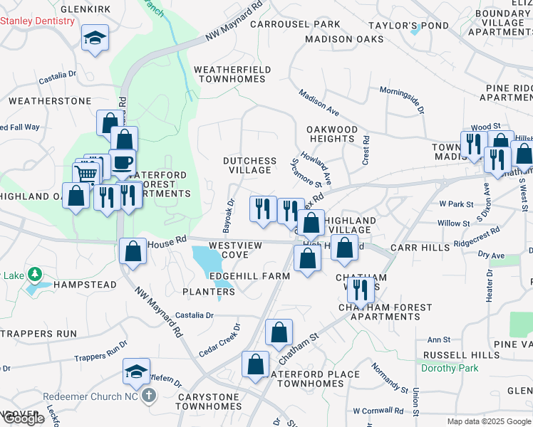 map of restaurants, bars, coffee shops, grocery stores, and more near 113 Canterfield Road in Cary