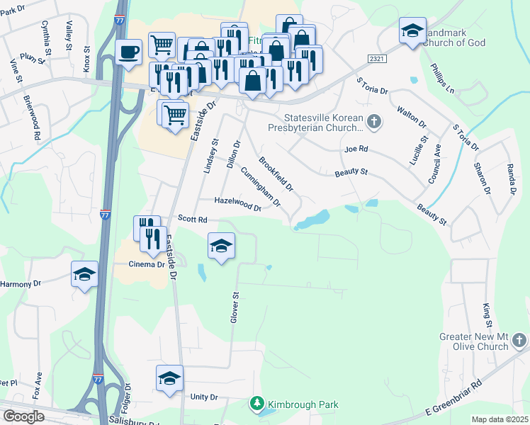map of restaurants, bars, coffee shops, grocery stores, and more near 2024 Hazelwood Drive in Statesville