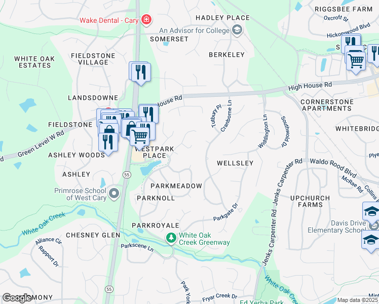 map of restaurants, bars, coffee shops, grocery stores, and more near 106 Parkspring Court in Cary