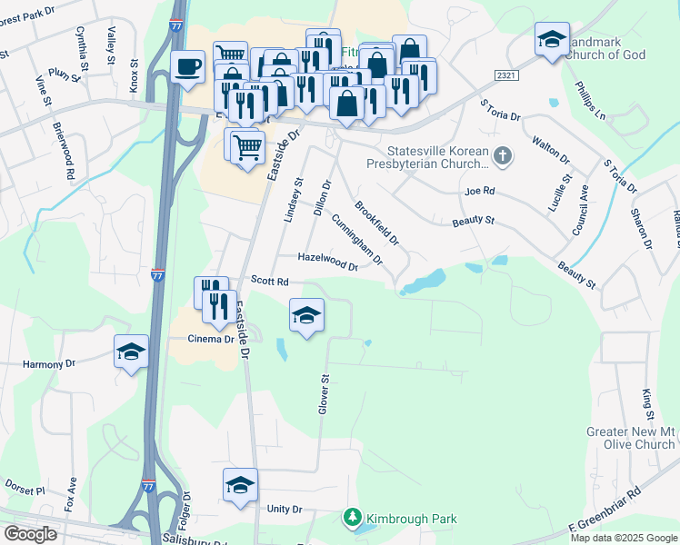 map of restaurants, bars, coffee shops, grocery stores, and more near 2012 Hazelwood Drive in Statesville