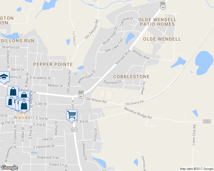 map of restaurants, bars, coffee shops, grocery stores, and more near 629 Raymond Drive in Wendell