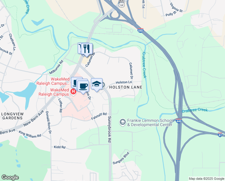 map of restaurants, bars, coffee shops, grocery stores, and more near 2935 Holston Lane in Raleigh