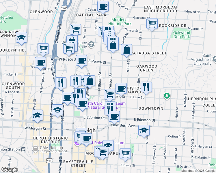 map of restaurants, bars, coffee shops, grocery stores, and more near 422 North Person Street in Raleigh