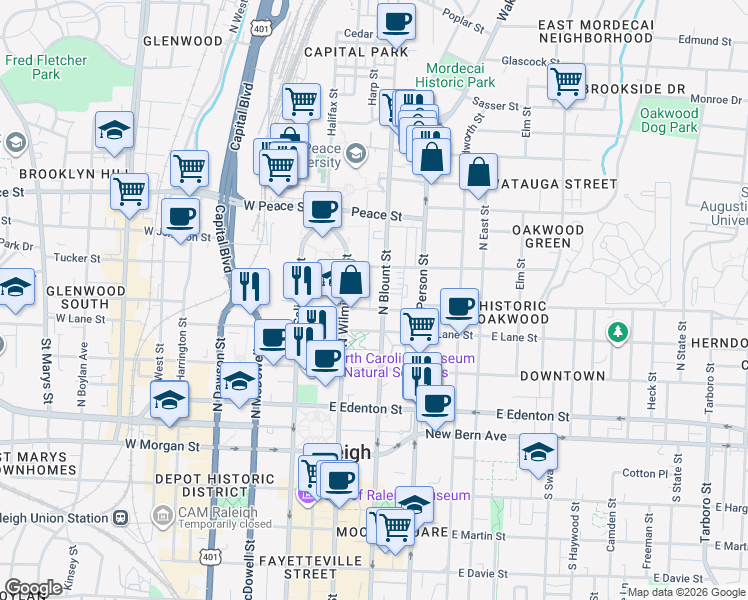 map of restaurants, bars, coffee shops, grocery stores, and more near 422 North Blount Street in Raleigh