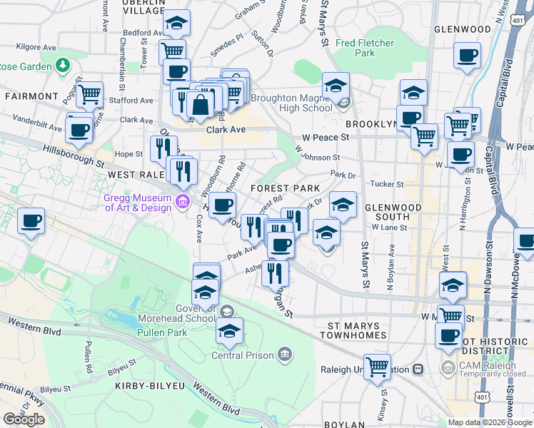 map of restaurants, bars, coffee shops, grocery stores, and more near 1498 Benehan Street in Raleigh