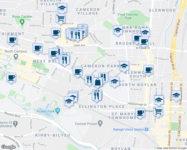 map of restaurants, bars, coffee shops, grocery stores, and more near 203 Hillcrest Road in Raleigh