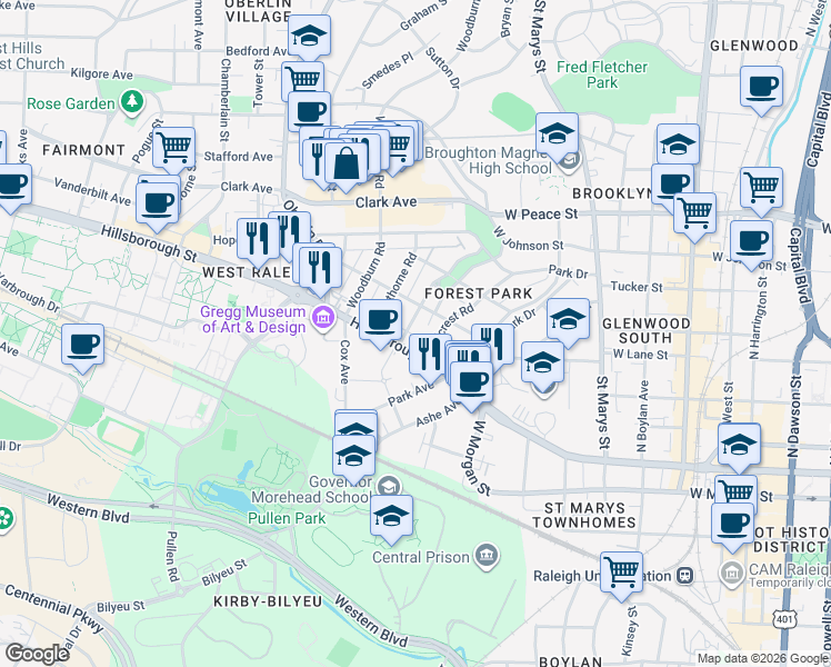 map of restaurants, bars, coffee shops, grocery stores, and more near 117 Forest Road in Raleigh