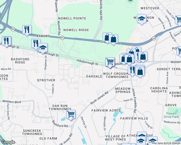 map of restaurants, bars, coffee shops, grocery stores, and more near 14 Oakdale Drive in Raleigh