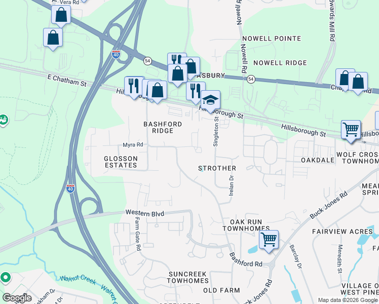 map of restaurants, bars, coffee shops, grocery stores, and more near 6058 Inona Place in Raleigh