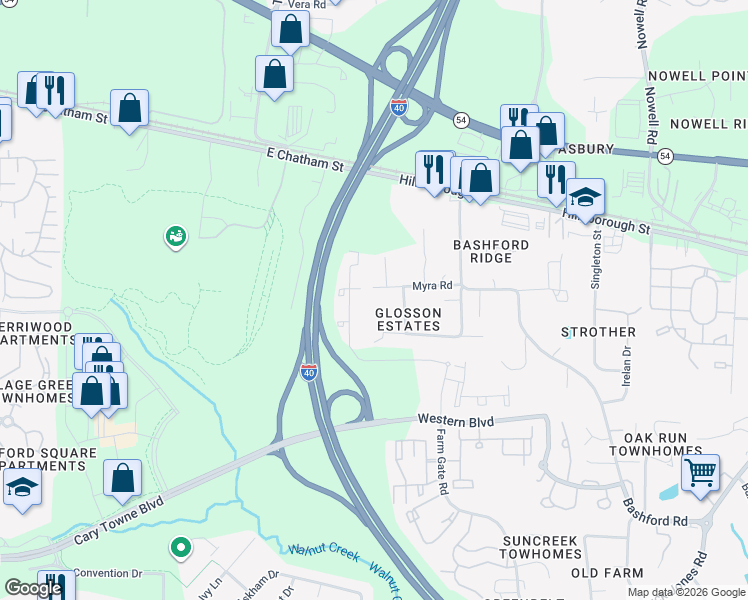 map of restaurants, bars, coffee shops, grocery stores, and more near 6400 Canary Falls Lane in Raleigh
