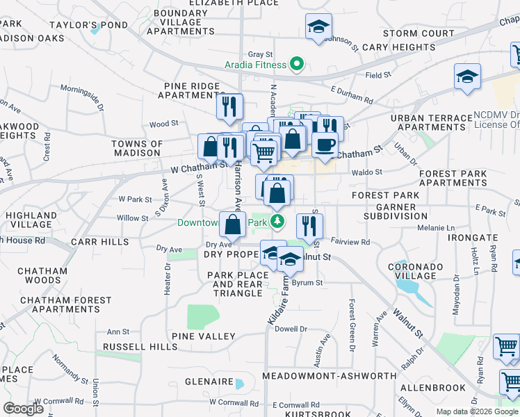 map of restaurants, bars, coffee shops, grocery stores, and more near 218 South Academy Street in Cary