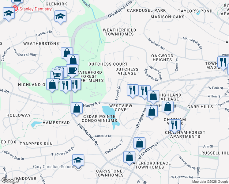 map of restaurants, bars, coffee shops, grocery stores, and more near 107 Hedgerow Court in Cary
