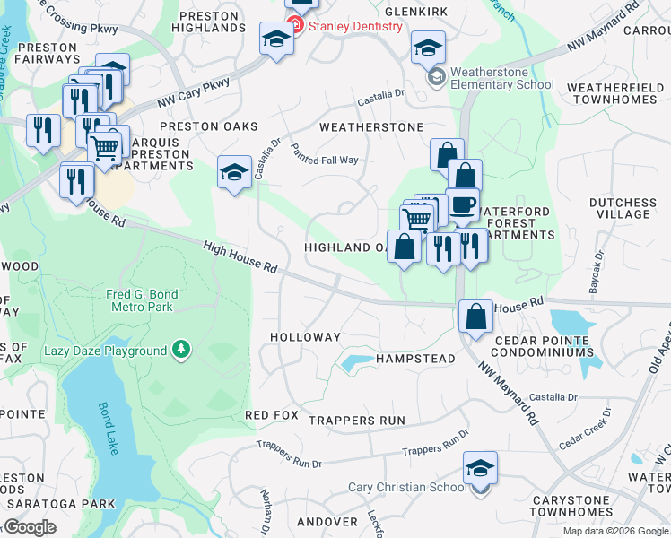 map of restaurants, bars, coffee shops, grocery stores, and more near 337 Belrose Drive in Cary