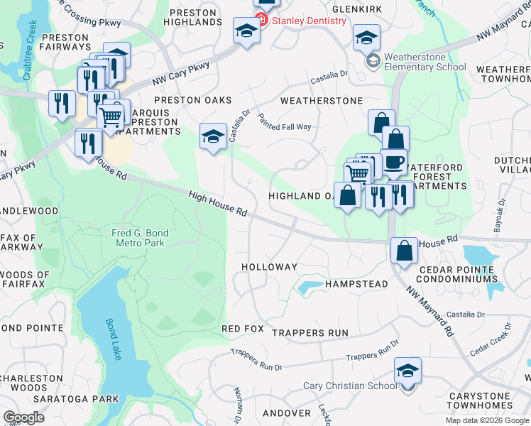 map of restaurants, bars, coffee shops, grocery stores, and more near 322 Belrose Drive in Cary