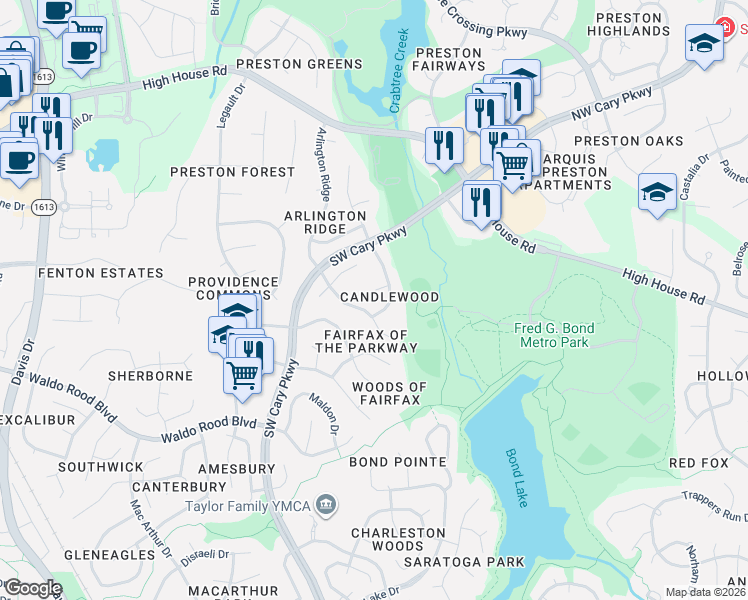 map of restaurants, bars, coffee shops, grocery stores, and more near 100 Chatfield Court in Cary