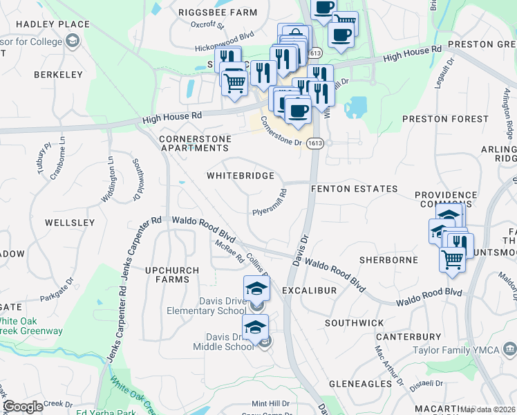map of restaurants, bars, coffee shops, grocery stores, and more near 204 Littleford Lane in Cary