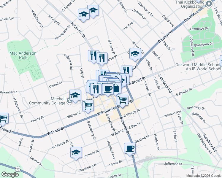 map of restaurants, bars, coffee shops, grocery stores, and more near 123 East Broad Street in Statesville