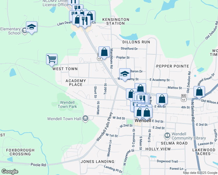 map of restaurants, bars, coffee shops, grocery stores, and more near 329 Wall Street in Wendell
