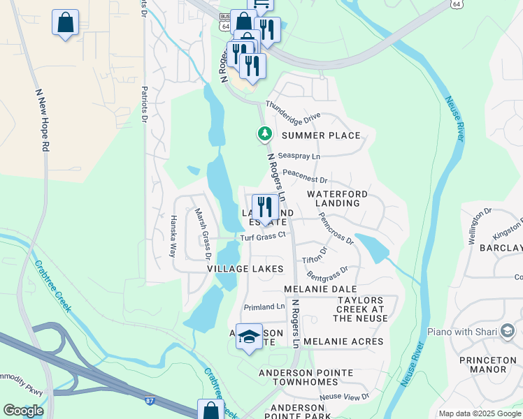 map of restaurants, bars, coffee shops, grocery stores, and more near 5216 Anchorage Way in Raleigh