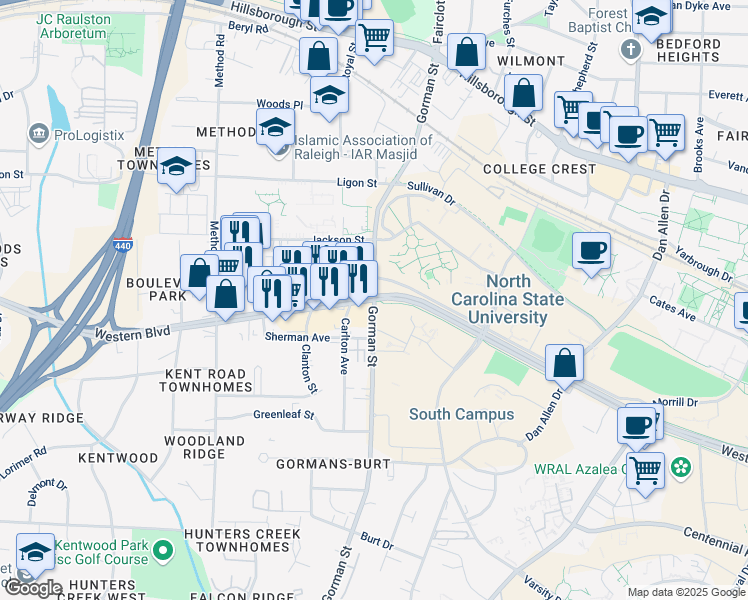map of restaurants, bars, coffee shops, grocery stores, and more near Western Blvd & Gorman St in Raleigh