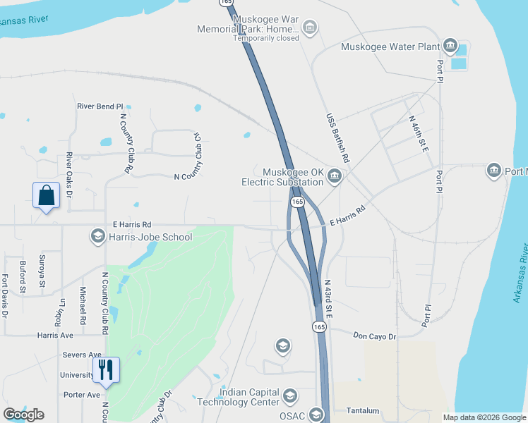 map of restaurants, bars, coffee shops, grocery stores, and more near 3001 Doering Lane in Muskogee