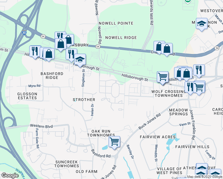 map of restaurants, bars, coffee shops, grocery stores, and more near Wolf Creek Circle in Raleigh