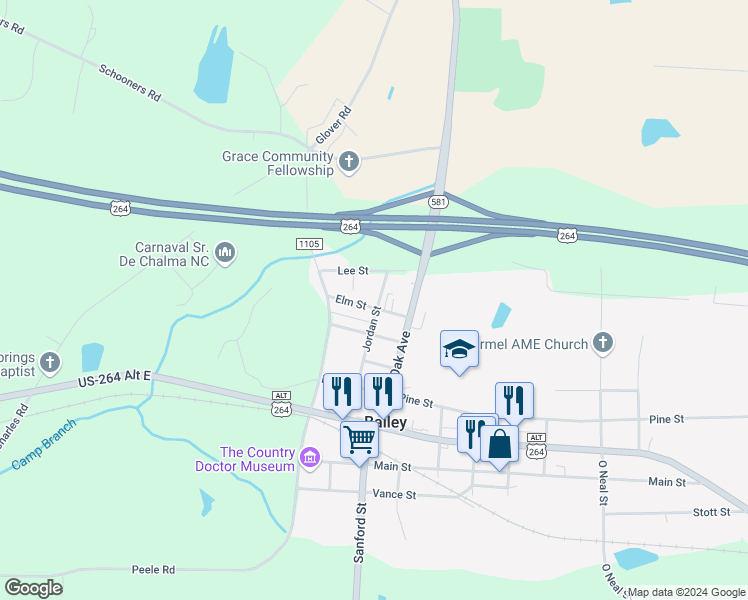 map of restaurants, bars, coffee shops, grocery stores, and more near 6600 Elm Street in Bailey