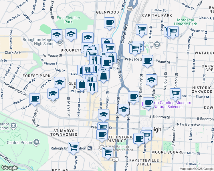 map of restaurants, bars, coffee shops, grocery stores, and more near 400 North West Street in Raleigh