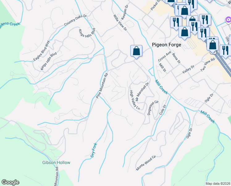 map of restaurants, bars, coffee shops, grocery stores, and more near 521 Chickasaw Gap Way in Pigeon Forge