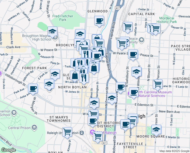 map of restaurants, bars, coffee shops, grocery stores, and more near 400 West North Street in Raleigh