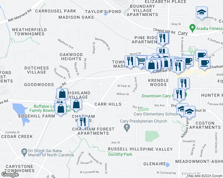 map of restaurants, bars, coffee shops, grocery stores, and more near 613 West Chatham Street in Cary
