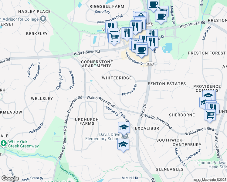 map of restaurants, bars, coffee shops, grocery stores, and more near 208 Plyersmill Road in Cary