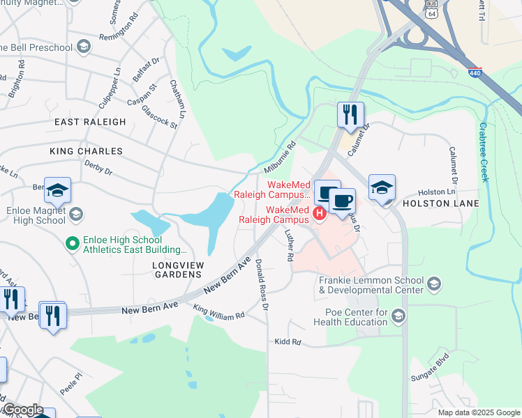 map of restaurants, bars, coffee shops, grocery stores, and more near 208 North Peartree Lane in Raleigh